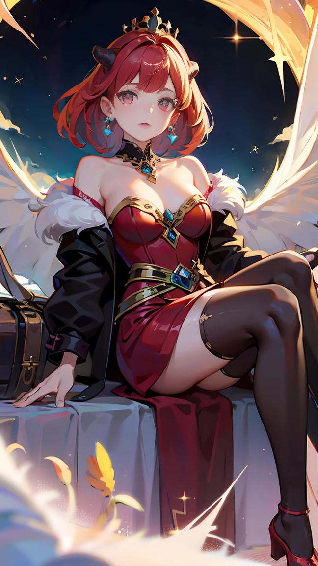 red hair, big hair, straight hair, floating hair, crown, (dragon horns), crystal earrings, multicolored eyes, cinematic lighting, ((masterpiece)), accurate, textured skin, high quality, high details, best quality, highres, (super detail), Demon queen, red flaming dress, off-shoulder, tattoo on upper arm, Throne Room, Royal, The Black Scapular