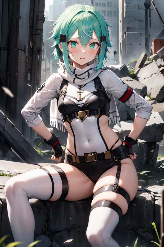 ​masterpiece, top-quality, hight resolution, 1girl, sinon1, scarf, fingerless gloves, hair adornments, hair clips, thigh strap, Cowboy shooting, Have a gun, Sniper rifle, ruins, sitting on, put hands on the hip, worried, Curvaceous, small waist, bbw, Embarrassment and redness in the face, surrounded by people