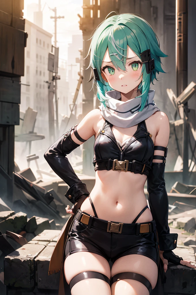 ​masterpiece, top-quality, hight resolution, 1girl, sinon1, scarf, fingerless gloves, hair adornments, hair clips, thigh strap, Cowboy shooting, Have a gun, Sniper rifle, ruins, sitting on, put hands on the hip, worried, Curvaceous, small waist, bbw, Embarrassment and redness in the face, surrounded by people