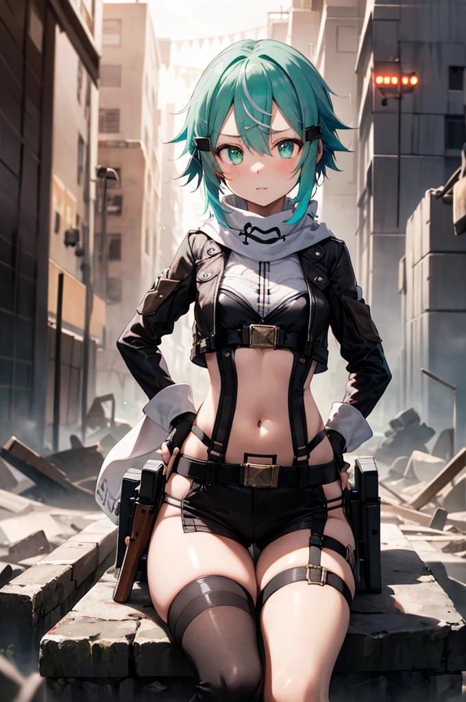 ​masterpiece, top-quality, hight resolution, 1girl, sinon1, scarf, fingerless gloves, hair adornments, hair clips, thigh strap, Cowboy shooting, Have a gun, Sniper rifle, ruins, sitting on, put hands on the hip, worried, Curvaceous, small waist, bbw, Embarrassment and redness in the face, surrounded by people