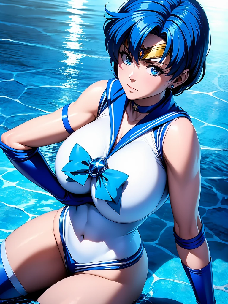 Marin Mercury en tenue de police complète,CHEVEUX LONGS BLEU,Power Ranger bleu, Ouragan ,Femme gothique sexy gros seins, feuille de personnage,à l’intérieur d’une piscine,haute résolution, gros seins, 