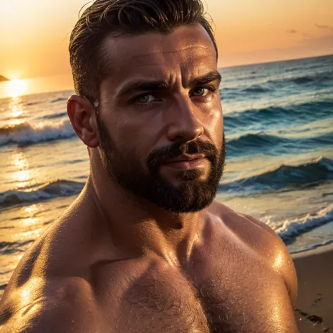 muscular hairy italian man in his 40s or 50s wearing speedo at beach,dominant erotic expression,staring directly at camera,(best...