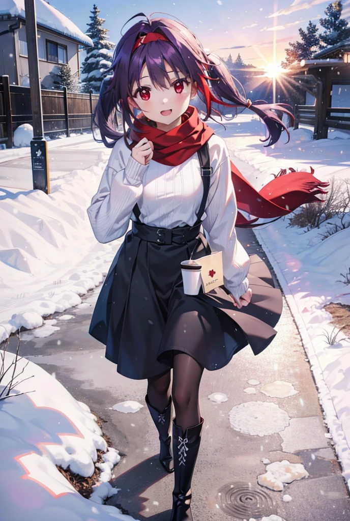 yuukikonno, Konno Yuuki, Long Hair, Pointed Ears, Purple Hair, (Red eyes:1.5), (Small breasts:1.2), Open your mouth,happy smile, smile, Open your mouth,hair band,low twin tail,Red Scarf,Oversized purple sweater,Black pantyhose,Long skirt,short boots,Holding a paper cup of coffee in both hands,Walking,snowが降っている,snowが降り積もっている,snow,snow,snow,snow,snowが積もった木,winter,Cold Sky,night,whole bodyがイラストに入るように,
break looking at viewer,  whole body,
break outdoors, garden,
break (masterpiece:1.2), Highest quality, High resolution, unity 8k wallpaper, (figure:0.8), (Beautiful attention to detail:1.6), Highly detailed face, Perfect lighting, Highly detailed CG, (Perfect hands, Perfect Anatomy),