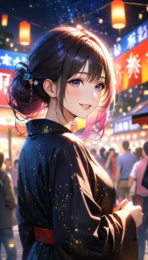 young woman enjoying the summer festival,night, starry sky,yukata,gazing at the sky,blur the background,high school girl,smile,g...