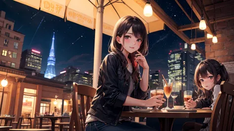 (Original photo, Highest quality), 1 girl,  Lisa, night,Cafe, relax,
Satosh Khan&#39;Art Style