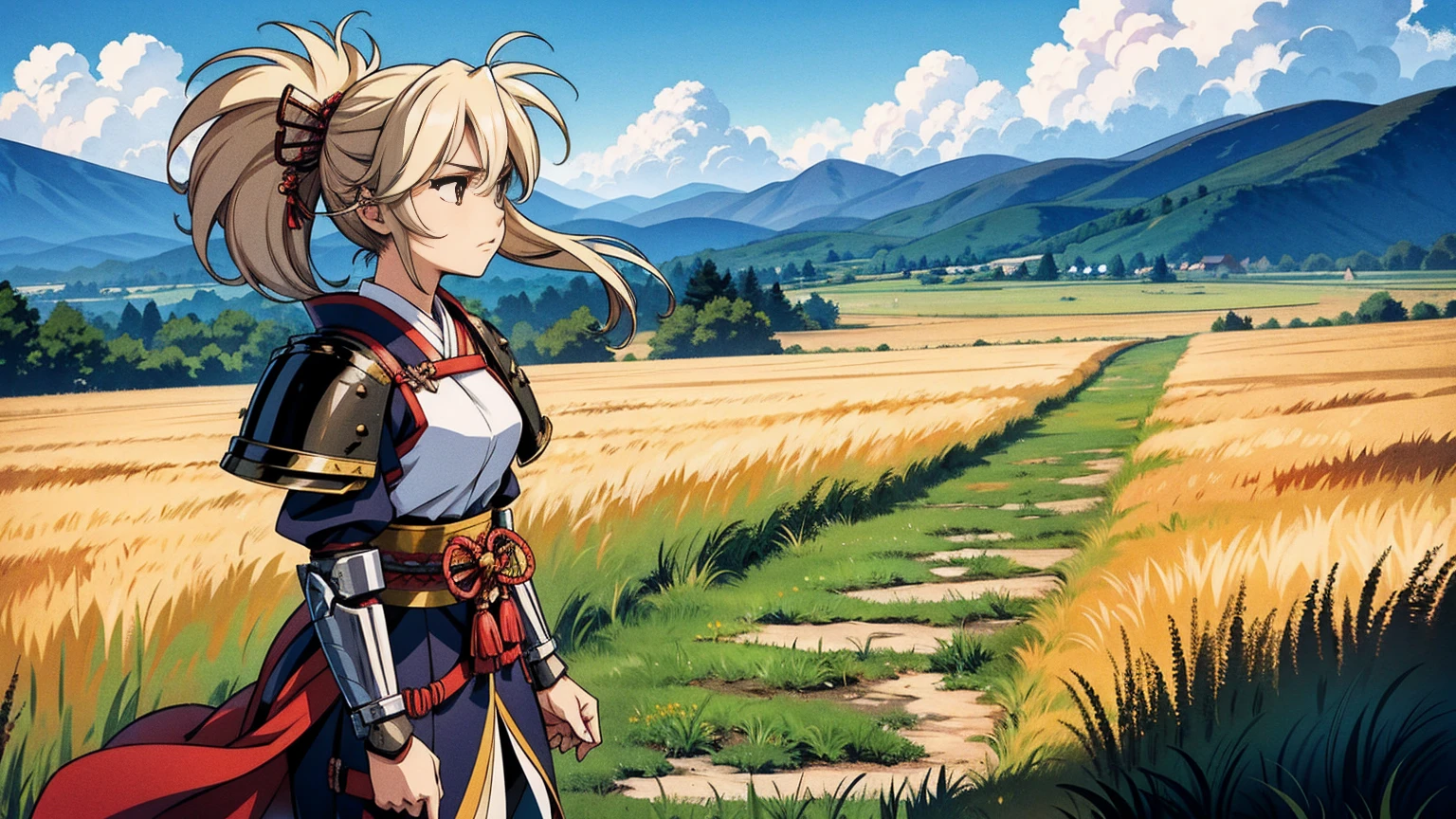 A female samurai in armor, traveling on a windy journey. She has a determined expression, with her hair blowing in the wind. Her armor is detailed and traditional, showing signs of wear from travel. She walks along a path surrounded by vast, open landscapes with rolling hills and tall grasses swaying in the wind. The sky above is dynamic, with clouds moving swiftly, indicating strong winds. The scene captures a sense of adventure and resilience.