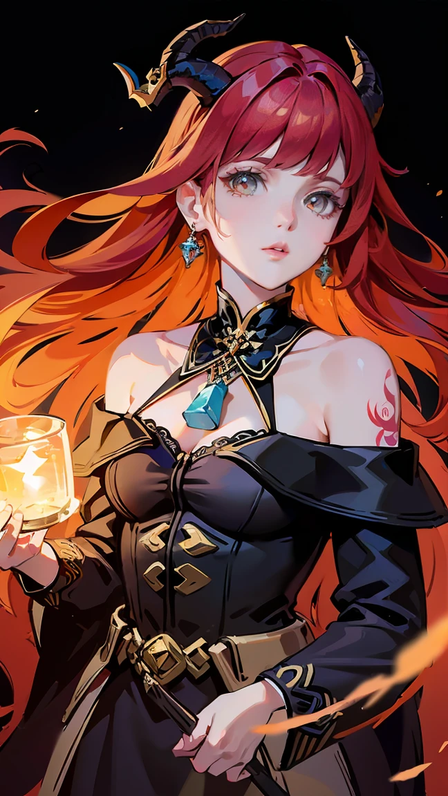 red hair, big hair, straight hair, floating hair, crown, (long dragon horns:1.3), crystal earrings, multicolored eyes, cinematic lighting, ((masterpiece)), accurate, textured skin, high quality, high details, best quality, highres, (super detail), Demon queen, red flaming dress, off-shoulder, tattoo on upper arm, Throne Room, Royal, The Black Scapular