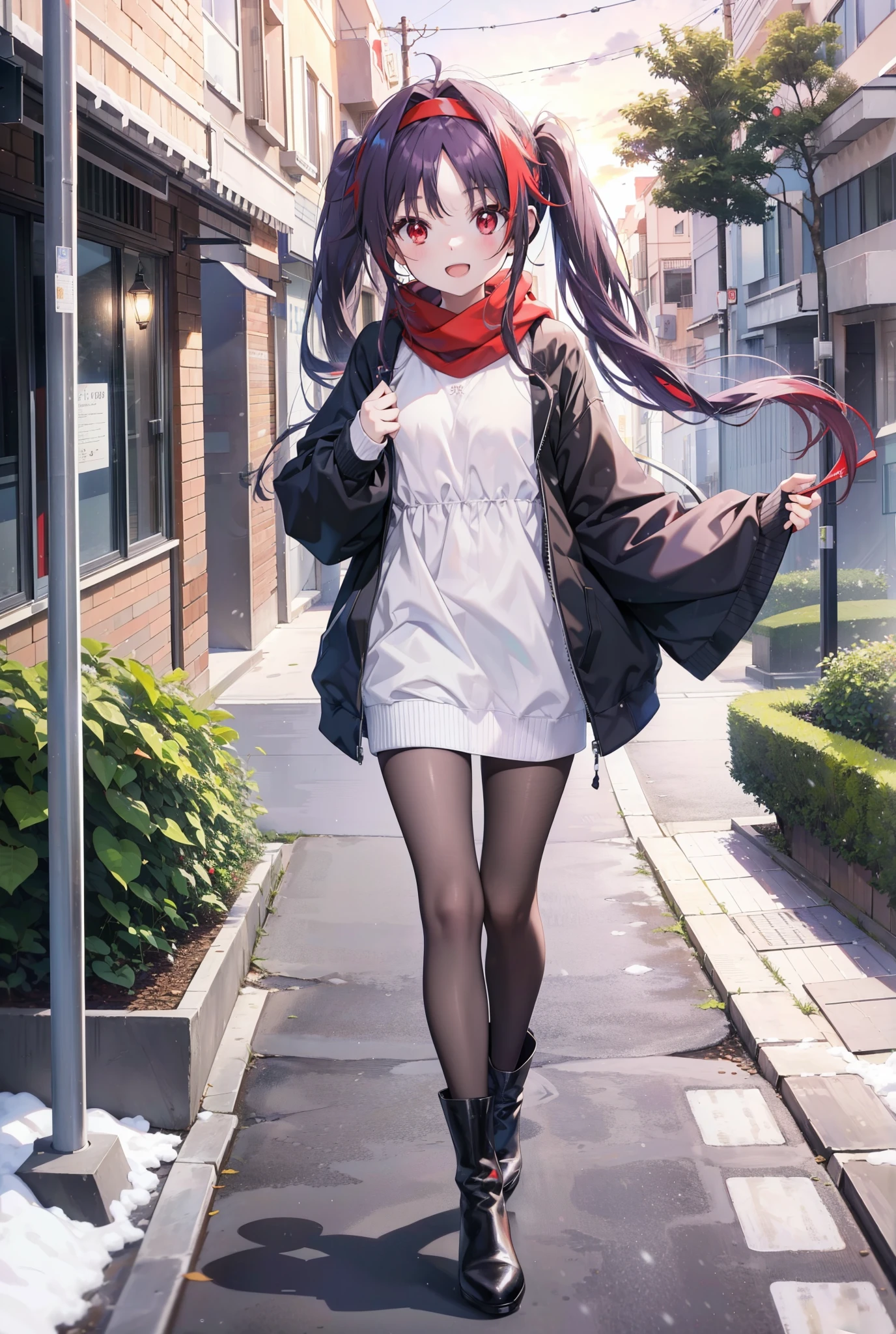 yuukikonno, Konno Yuuki, Long Hair, Pointed Ears, Purple Hair, (Red eyes:1.5), (Small breasts:1.2), Open your mouth,happy smile, smile, Open your mouth,hair band,low twin tail,Red Scarf,Oversized purple hoodie,Black pantyhose,Long skirt,short boots,Holding a paper cup of coffee in both hands,Walking,snowが降っている,snowが降り積もっている,snow,snow,snow,snow,snowが積もった木,winter,Cold Sky,night,whole bodyがイラストに入るように,
break looking at viewer,  whole body,
break outdoors, garden,
break (masterpiece:1.2), Highest quality, High resolution, unity 8k wallpaper, (figure:0.8), (Beautiful attention to detail:1.6), Highly detailed face, Perfect lighting, Highly detailed CG, (Perfect hands, Perfect Anatomy),