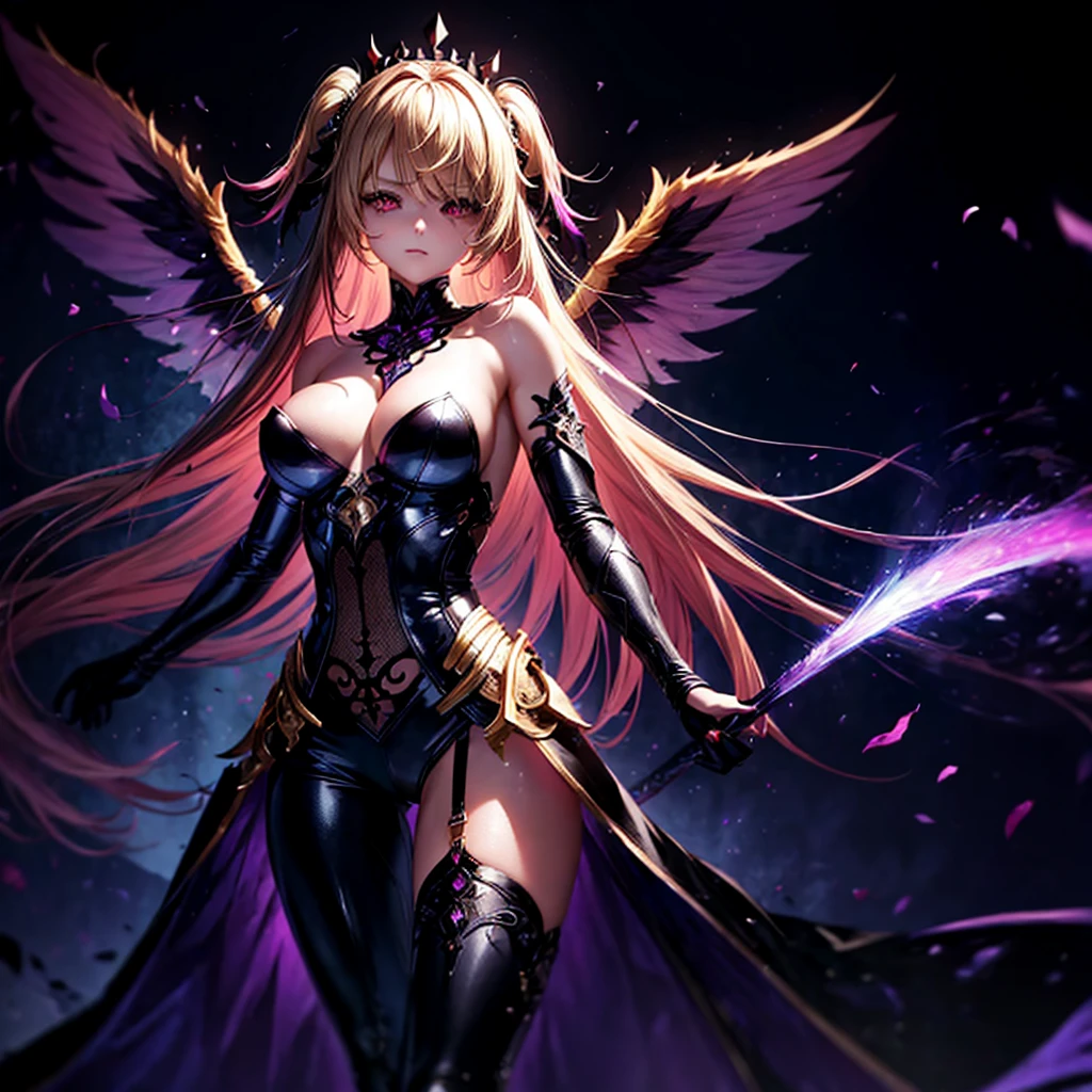 (1 girl, standing alone, AngelT), pink eyes, blonde hair with purple tips, long straight hair, black pants, partially nude, tempting outfit, tattoo marks on the body, wings, gaping mouth, looking ahead at viewer, eyes wide open, confused expression, black goddess, Veil on head, sleeveless divine outfit,ultra realistic skin, breasts big, air of mystique,4K, ultra realistic skin, fully body, Incredible level of detail, sensuous,dark armor