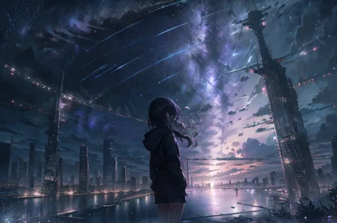 starry sky with constellations, purple hue like a nebula, vast space, the bottom of cyberpunk city,