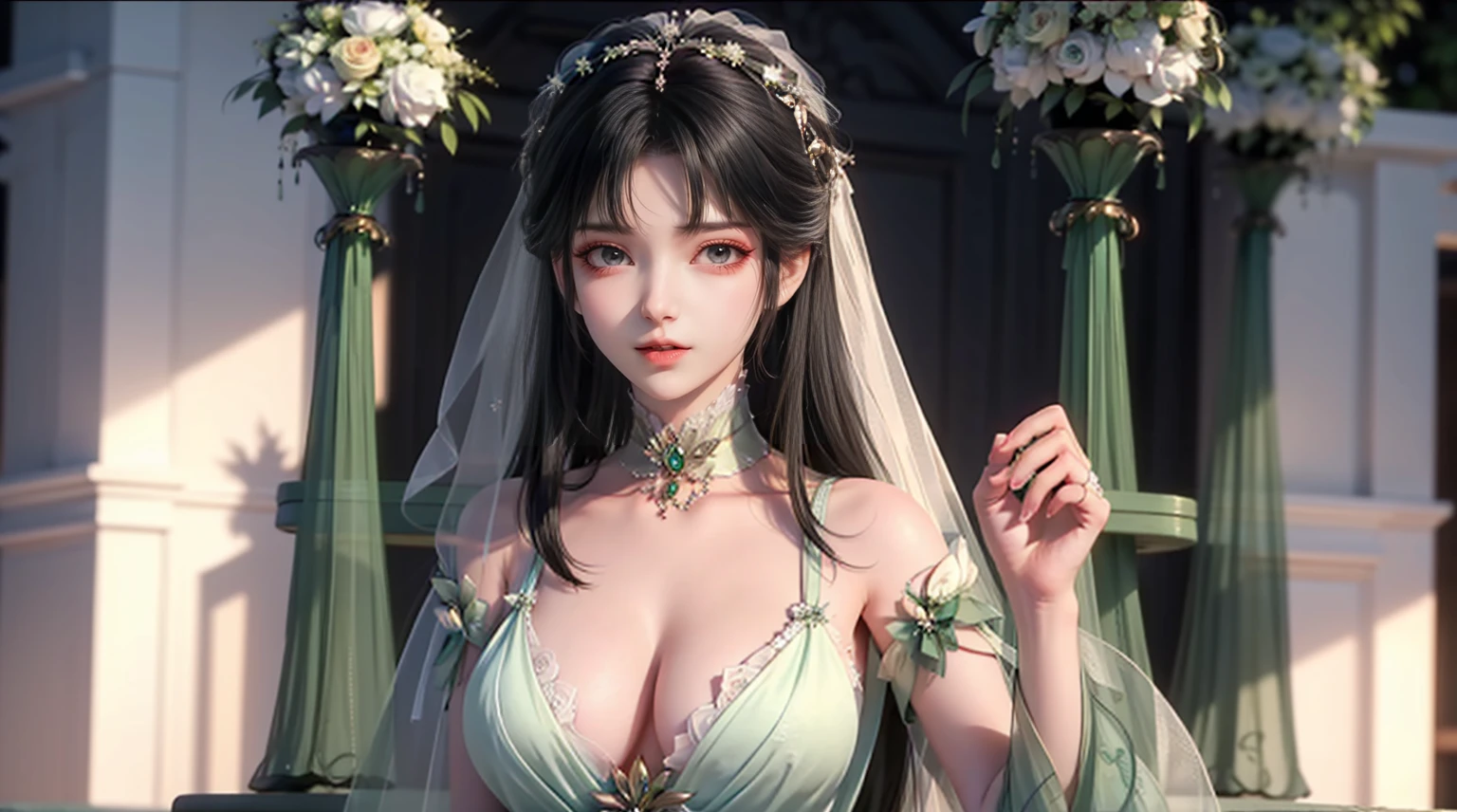 Masterpiece,high quality,beautiful wallpaper,16k,animation,illustration,front view,overlooking camera,perfect body,cleavage,exquisite face,exquisite features,1 girl,sexy,(wedding:1.5),(many people:1.5)(green robe),freen suspenders,(green lace underwear: ilsil green) 1.5),veil,