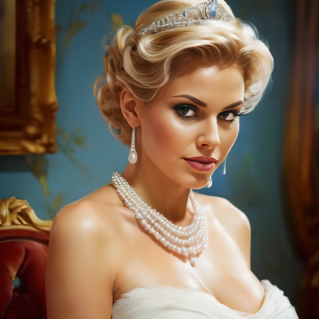 nsfw, photorealistic, beautiful face, (masterpiece:1.4), (best quality:1.4), extremely detailed, hyper-detailed, soft lighting 3 beautiful 8 month pregnant blonde 1950's pinup woman in her late thirties sitting on kings throne in a big hall, with a crown on her head, 8 month pregnant, dressed only in a short very transparent chiffon night gown, sideboob, no naked breasts, white pearl necklace and white pearl earrings, lace stockings, perfect body, busty, perfect legs, intricate details, masterpiece, bestquality, uhd, 8k, ((plain backgound:1.3)), shaved pubic area, big breasts, hanging breasts, heavily sagging breasts, brown big erected hard nipples, short blonde hairbun with a bow in hair, shaved pubic area, (perfect_face), intricate, 4k, detailed_background, full_body, realistic, 8k, sexy, side view, she looking over her shoulder, very bashful smile, very shameful facial expression,pinup512, style-princess_sd2
