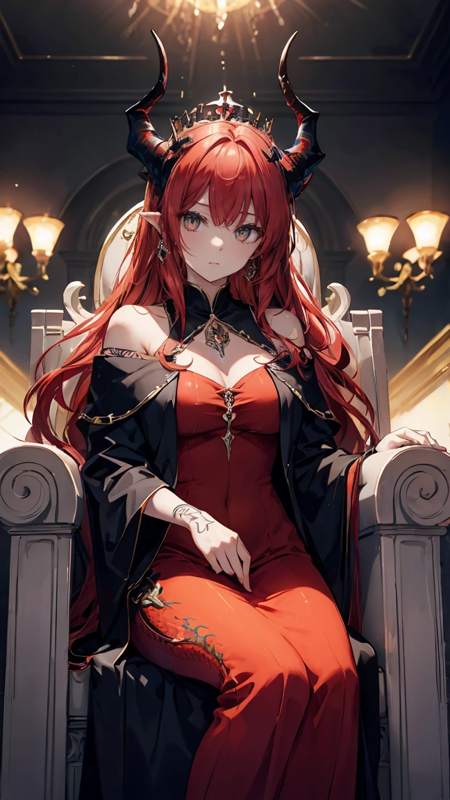 red hair, big hair, straight hair, floating hair, crown, (long dragon horns:1.3), crystal earrings, multicolored eyes, cinematic lighting, ((masterpiece)), accurate, textured skin, high quality, high details, best quality, highres, (super detail), Demon queen, red flaming dress, off-shoulder, tattoo on upper arm, Throne Room, Royal, The Black Scapular