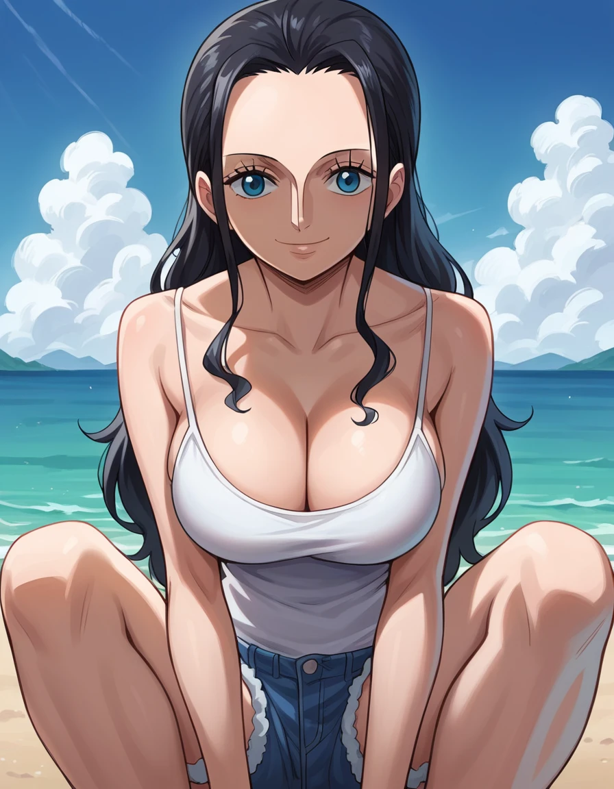 score_9, score_8_up, score_7_up, best quality, source_anime, clear face, 1girl, Nico Robin, black hair, long hair, blue eyes, large breasts, camisole, shorts, cleavage, smile, looking at viewer, from front, sky