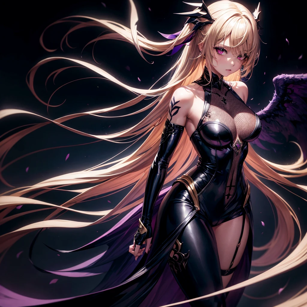 (1 girl, standing alone, AngelT), pink eyes, blonde hair with purple tips, long straight hair, black pants, partially nude, tempting outfit, tattoo marks on the body, wings, gaping mouth, looking ahead at viewer, eyes wide open, confused expression, black goddess, Veil on head, sleeveless divine outfit,ultra realistic skin, breasts big, air of mystique,4K, ultra realistic skin, fully body, Incredible level of detail, sensuous,dark armor