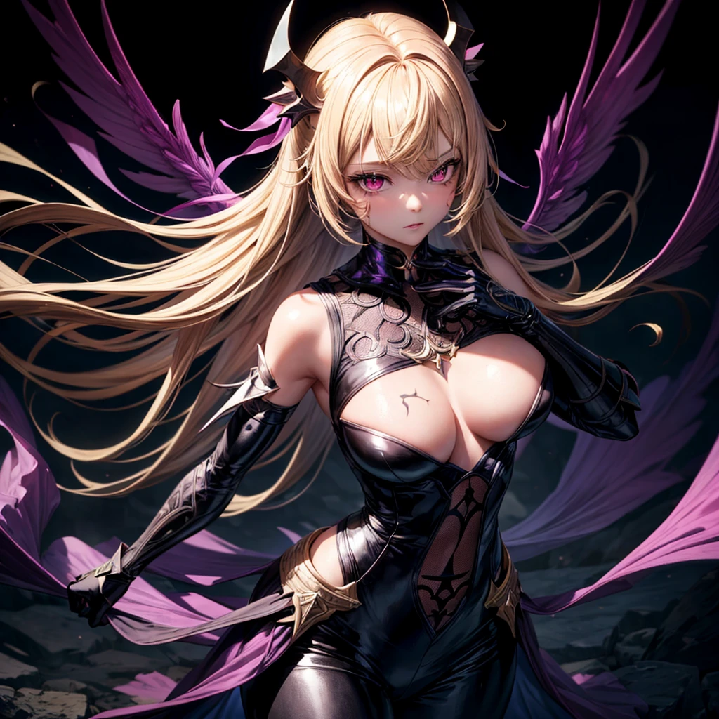 (1 girl, standing alone, AngelT), pink eyes, blonde hair with purple tips, long straight hair, black pants, partially nude, tempting outfit, tattoo marks on the body, wings, gaping mouth, looking ahead at viewer, eyes wide open, confused expression, black goddess, Veil on head, sleeveless divine outfit,ultra realistic skin, breasts big, air of mystique,4K, ultra realistic skin, fully body, Incredible level of detail, sensuous,dark armor