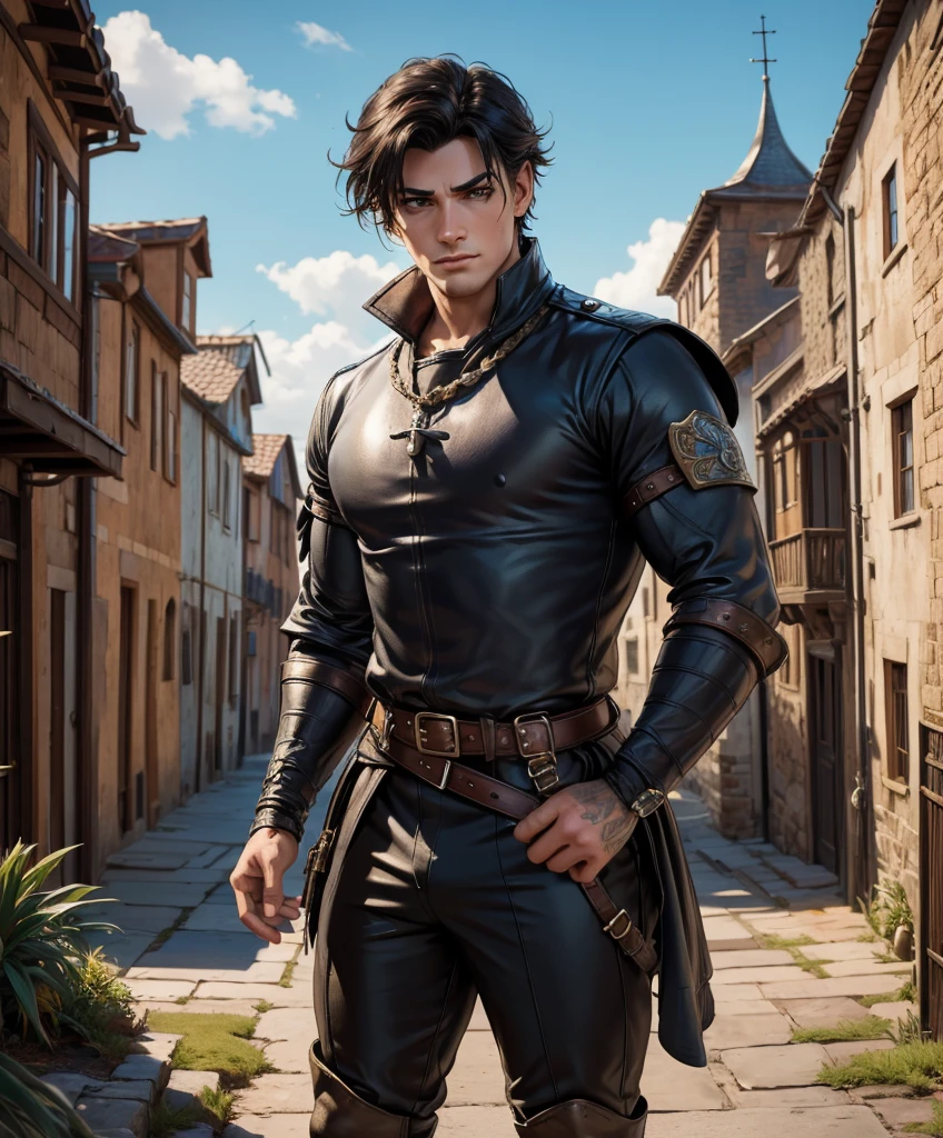 score_9, score_8_up, score_8,  (((Single character image.))) (((1boy))) (((Dressed in medieval fantasy attire.)))     (((This character is very sexy and dashing.))) Generate a daring, thrilling swashbuckler with a charm and style that is irresistible.  This is a character designed for a swashbuckler setting, near an exciting port town inhabited by dangerous thugs and other criminals.  He should be dashing, attractive and a charming and daring adventurer.  He wears stylish swashbuckler fashion with dark hair, dark features and a muscular build. (((Background of the image is the medieval style port town.))) (masterpiece, top quality, best quality, official art, beautiful and aesthetic:1.2), extreme detailed,  colorful, highest detailed,  best quality:1.0,hyperealistic:1.0,photorealistic:1.0,madly detailed CG unity 8k wallpaper:1.0,masterpiece:1.3,madly detailed photo:1.2, hyper-realistic lifelike texture:1.4, picture-perfect:1.0,8k, HQ,best quality:1.0, 