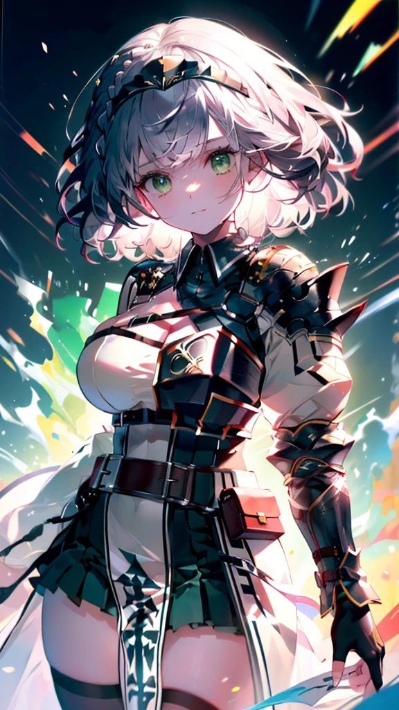 (Ultra-high resolution,masterpiece, Attention to detail, Highest quality), 8k,(aanoel, medium hair, green eyes, hairband, blue collar, shoulder armor, cleavage, mole on breast, armored dress, chest belt, gold trim, fingerless gloves, black gloves, brown belt, pouch, pelvic curtain, black thighhighs),(Blessed,Captivating body、Ultra-detailed skin、Super beautiful eyes、Detailed Background),One girl、 (enjoy :1.5),