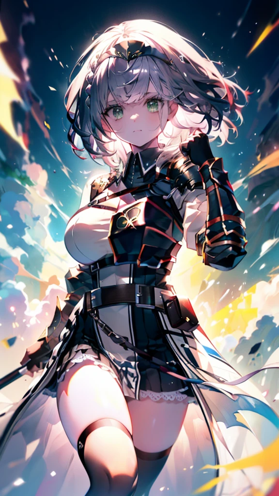 (Ultra-high resolution,masterpiece, Attention to detail, Highest quality), 8k,(aanoel, medium hair, green eyes, hairband, blue collar, shoulder armor, cleavage, mole on breast, armored dress, chest belt, gold trim, fingerless gloves, black gloves, brown belt, pouch, pelvic curtain, black thighhighs),(Blessed,Captivating body、Ultra-detailed skin、Super beautiful eyes、Detailed Background),One girl、 (enjoy :1.5),