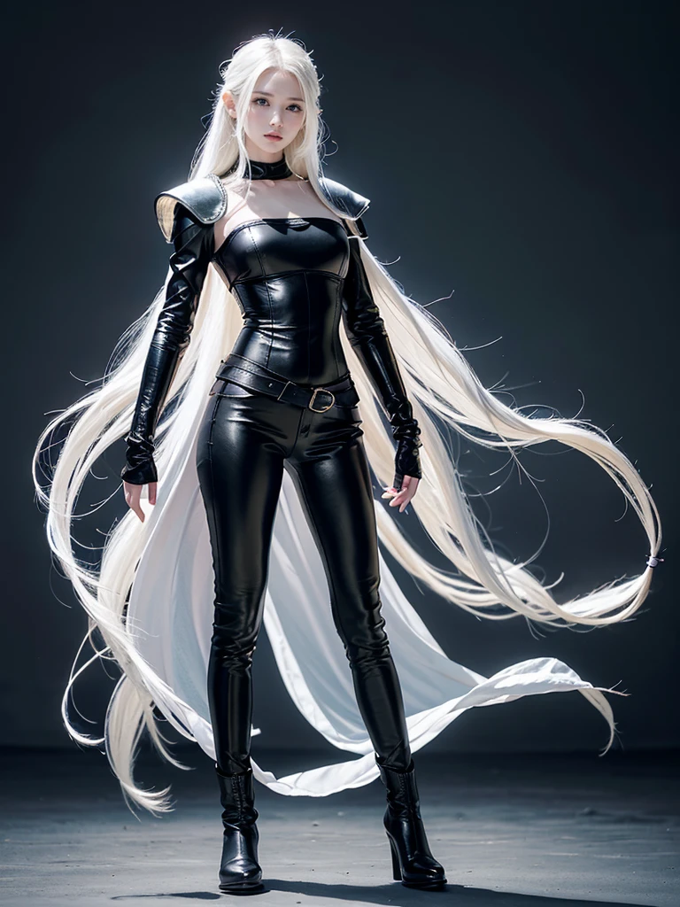 Top quality, RAW Photo, Highest Quality Image, 16K, White hair. Porcelain skin. Beautiful expressive eyes. Sweet and beautiful face. Fantasy clothing. Fantasy world. A slender girl in black leather trousers, armor, shoulder pads and comfortable beautiful clothes. Leather boots. Full length from head to toe. Prominent shoes and boots.