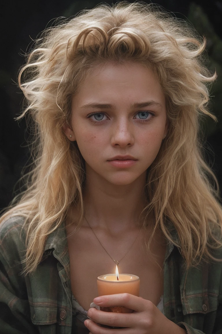 photograph of a woman, (troubled facial expression), textured skin, goosebumps, blonde afro hair, plaid flannel shirt with distressed boyfriend jeans, cowboy shot, dark and mysterious cave with unique rock formations and hidden wonders, perfect eyes, (candlelight,chiaroscuro), Porta 160 color, shot on ARRI ALEXA 65, bokeh, sharp focus on subject, shot by Don McCullin