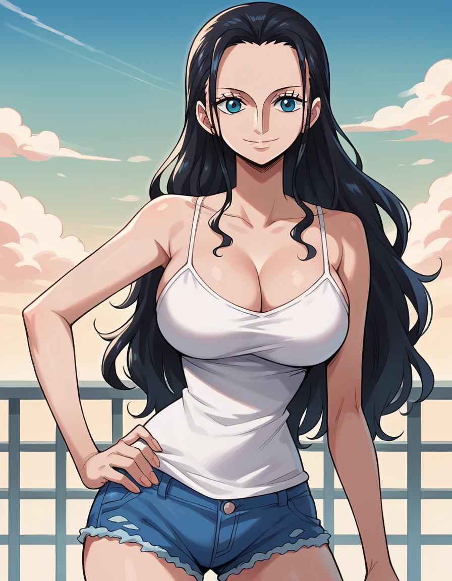 score_9, score_8_up, score_7_up, best quality, source_anime, clear face, 1girl, Nico Robin, black hair, long hair, blue eyes, large breasts, camisole, shorts, cleavage, smile, looking at viewer, from front, sky, standing 