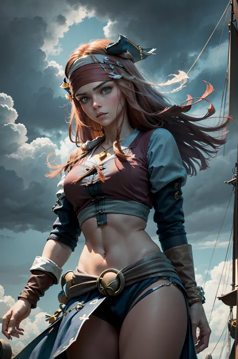 a beautiful woman wearing pirate costume , in pirate ship, black clouds in the sky, super detailed look, perfect body shape and ...