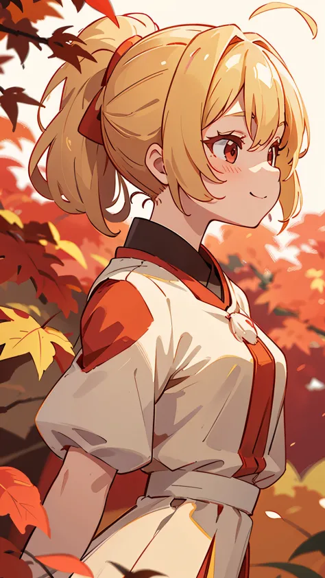 １girl、blonde、ponytail、round red eyes、ahoge、red blouse shirt、smile、profile、face close-up、perfect lighting、autumnal leaves々、momiji...