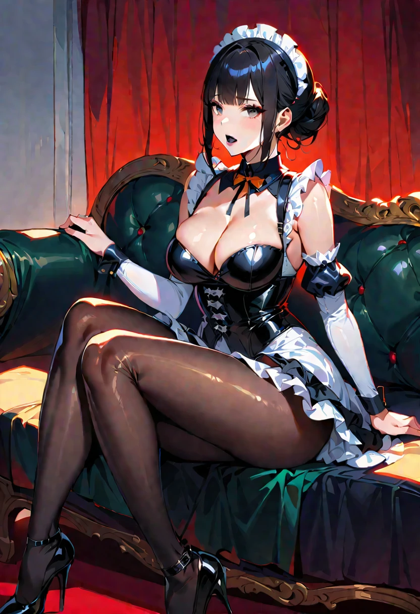 1 young woman,(Highest quality,Extremely detailed depiction,Incredibly absurd high resolution,Anatomically accurate depiction,Perfect body,Two curvaceous legs),(Glowing Skin,Shiny skin,Oilskin),(Black and white latex maid outfit,Maid Skirt,corset,black tights,High heels),eyelash,(Black Eyes,Light,Sleepy look,There is cleavage in the chest,Glossy black lipstick,Heavy makeup,Open your mouth a little,sitting on the sofa with one&#39;s knees up),Sweat,(whole body),(background:Night room),Purple light,From below:1.3