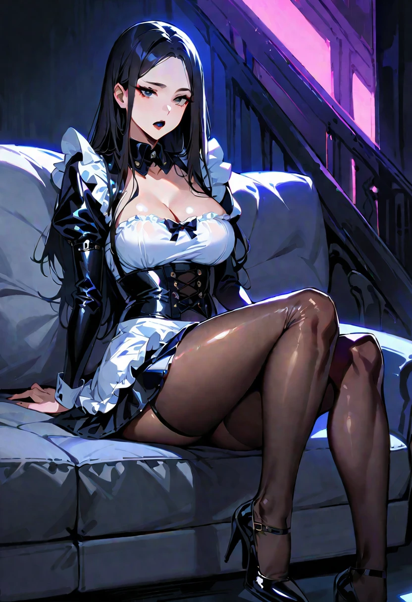 1 young woman,(Highest quality,Extremely detailed depiction,Incredibly absurd high resolution,Anatomically accurate depiction,Perfect body,Two curvaceous legs),(Glowing Skin,Shiny skin,Oilskin),(Black and white latex maid outfit,Maid Skirt,corset,black tights,High heels),eyelash,(Black Eyes,Light,Sleepy look,There is cleavage in the chest,Glossy black lipstick,Heavy makeup,Open your mouth a little,sitting on the sofa with one&#39;s knees up),Sweat,(whole body),(background:Night room),Purple light,From below:1.3