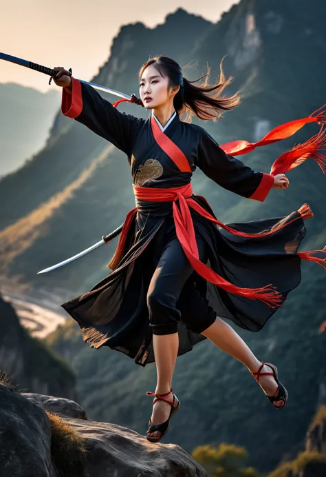 1girl chinese warrior wearing ancient black royal regalia with long scarf and long ribbons(long ribbon:1.2)flowing(flowing:1.5) ...