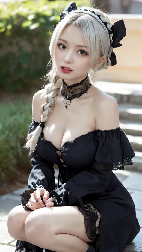 ((18 year old Japanese girl, 1 person)), (((Gothic Lolita Fashion:1.3)),(((Lace off-the-shoulder dress))),(((Outfit with intrica...