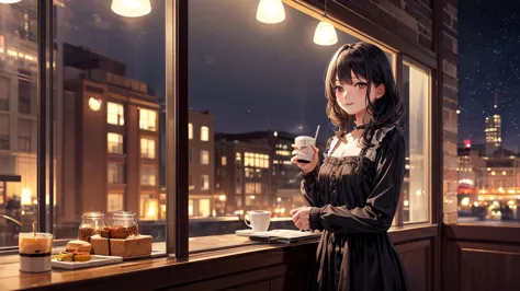 (Original photo, Highest quality), 1 girl, Lisa, night,Cafe, relax, Satosh Khan&#39;Art Style