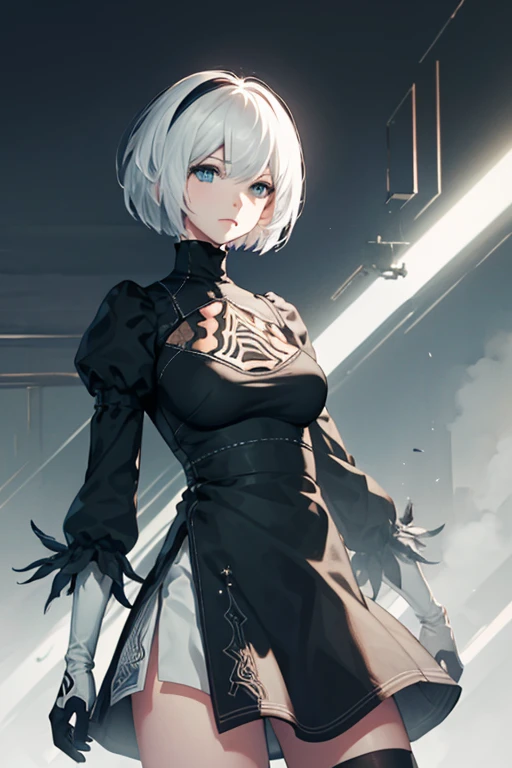 2b, 2b de Nier: Automata, short-hair, white  hair, blue colored eyes, blue colored eyes claros, black clothing, War scenario, NO extra fingers, inner body art, uhd, retina, masterpiece, accurate, anatomically correct, textured skin, super detail, high details, high quality, award winning, best quality, 1080P