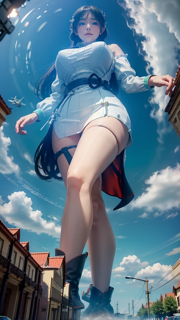 (((lentes de ojo de pez)))、ciudad medieval europea、((((Una chica más grande que la ciudad.))))、(((Azur Lane Cheshire Cosplay)))Mirando hacia arriba desde abajo，chica gigante de 50 pies de altura，Tiene piernas súper largas,((doblar))，((un par de pechos enormes))，((muslos regordetes))、estudiante de preparatoria，Mini falda,pelo largo y negro，Hermosa apariencia，Maquillaje exquisito，calidad，8K，High calidad，(GOBERNADOR:1.5)，proporciones perfectas, Iluminación de cine，grano de la película，Los colores de Fuji，8K，piel texturizada，Súper detalle，Alto detalle，high calidad，Alta resolución