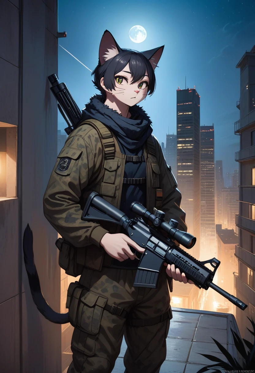 ((Masterpiece)), ((Best Quality)), (Very Detailed), ((Very Detailed)), 4K, (8K), very aesthetic, absurdres highres, 1 girl, (anthropomorphic cat, furry, kemono:1.8), A sniper wearing dark camouflage uniform is lying face down on the roof of a building, holding a rifle. His eyes are focused on the target through the scope. The rifle is equipped with a suppressor and is silently taking aim.The night cityscape unfolds, light spilling through the windows of buildings and dotted with street lamps.The moonlight illuminates the outlines of the buildings, making it a quiet night. You can see the headlights of cars in the distance, and you can feel the hustle and bustle of the city.The main color is dark, and the moonlight illuminates the sniper and some of the buildings.Overall The cold colors are emphasized, creating a sense of tension.The moonlight shines on the sniper's face, revealing a sharp expression.The sniper's concentration and tension are emphasized, and the sense of crisis hidden in the silence is felt. I feel so tense that I can almost hear his breathing and heartbeat.

