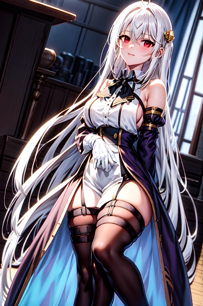 ninym ,masterpiece, glowing light,medium breast, perfect lighting,  looking at viewer, 1girl, mature female, thighs, white hair,gradient hair,red eyes, gradient eyes, glowing eyes,  black thighhighs, thigh straps, white shirt, black bowtie, white gloves, ahoge, purple sleeves, (simple background), white background, gradient background, light smile, sitting, crossed legs