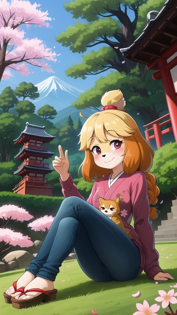 (Isabelle \(Protect animals\):1.1), (masterpiece, best quality:1.15), 1 Girl, Solitary, Small Breasts, Looking at the audience, Maroon eyes, permanent, Cross your legs, Even attract, Killer sweater, jeans, sky, picturesque, Idyllic, outdoor, Cherry blossoms, Tree, Japanese Architecture, garden, pink, Flowers, petal, falling petal, Japanese Garden, used to be, Cherry blossoms, Long hair, French Braid, Ahog, affectionate, Small heads, Small Eyes, Flat nose