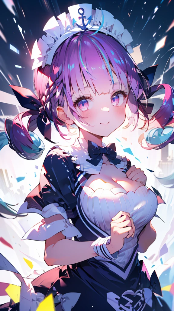 (Ultra-high resolution,masterpiece, Attention to detail, Highest quality), 8k,(aaaqua, twintails, drill hair, maid headdress, cleavage, short sleeves, wrist cuffs),(Blessed,Captivating body、Ultra-detailed skin、Super beautiful eyes、Detailed Background),One girl、 (enjoy :1.5),