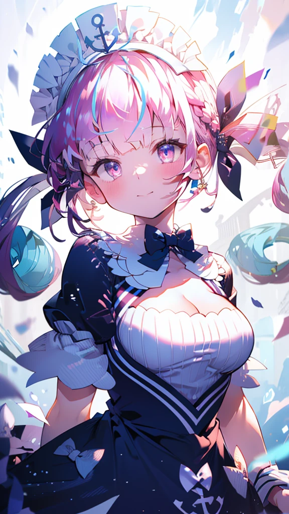 (Ultra-high resolution,masterpiece, Attention to detail, Highest quality), 8k,(aaaqua, twintails, drill hair, maid headdress, cleavage, short sleeves, wrist cuffs),(Blessed,Captivating body、Ultra-detailed skin、Super beautiful eyes、Detailed Background),One girl、 (enjoy :1.5),