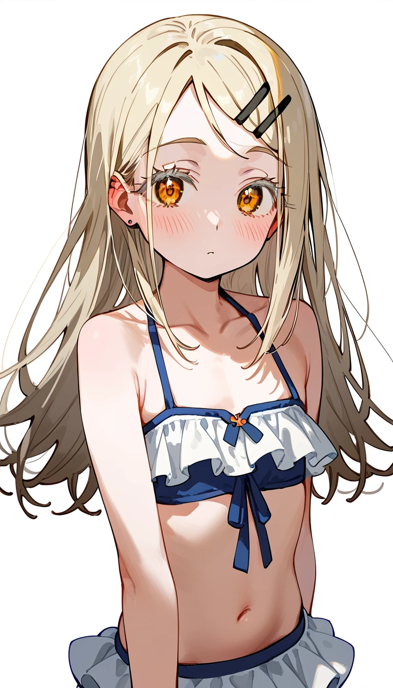 Highest quality, masterpiece, No correction, Beark,shinosawa hiro,thin,Orange eyes,White eyelashes,Blonde,Long Hair,Hair Clip,flat chest,white background,blush,frilled bikini