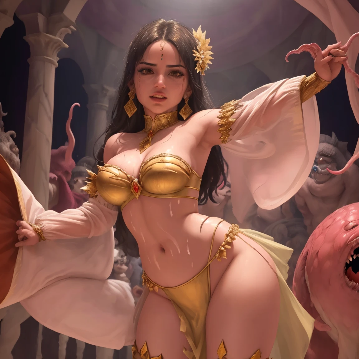 A girl dancing in Jabba's Palace, wearing revealing attire, catches the attention of Jabba (highly detailed). She is Sofia Vergara, aged 25, portraying a dancing slave. However, Jabba becomes angry with her and decides to punish her by dropping her into a pit filled with tentacled creatures. The crowd of dangerous aliens in the palace jeers and howls at the scene. Medium: Detailed Illustration or Oil Painting Additional details: The dancing girl's attire is exotic, adorned with jewels and feathers. Her movements are graceful and seductive. The tentacled creatures in the pit are slimy and grotesque. The dangerous aliens in the crowd have unique and menacing features, such as sharp teeth and glowing eyes. The palace is filled with opulence, with gold accents, extravagant decor, and dimly-lit corners. Smoke and haze add an eerie atmosphere to the scene. Image quality: (best quality, 4k, highres, masterpiece:1.2), ultra-detailed, (realistic, photorealistic, photo-realistic:1.37), HDR, studio lighting, ultra-fine painting, sharp focus, physically-based rendering, extreme detail description, professional, vivid colors, bokeh Artistic style: Portraits, Sci-fi Color tone: Rich and vibrant colors with a touch of darkness and mystery Lighting: Dim, atmospheric lighting with dramatic shadows