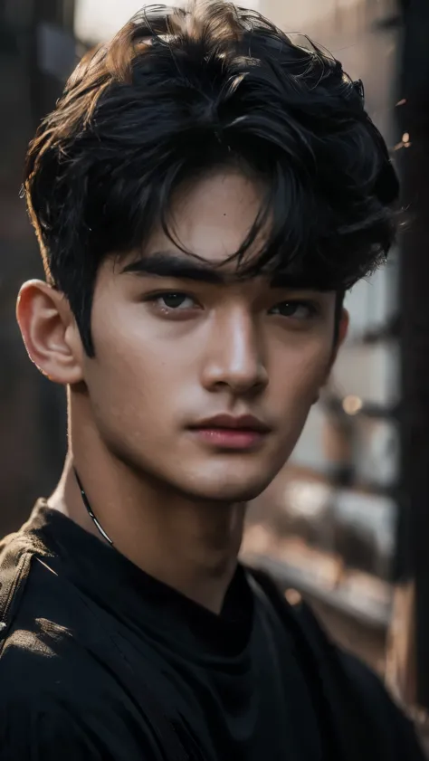 create a hyper-realistic close-up portrait of a handsome young boy korean, wear black tshirt. he hair is a black uppercut hair, ...