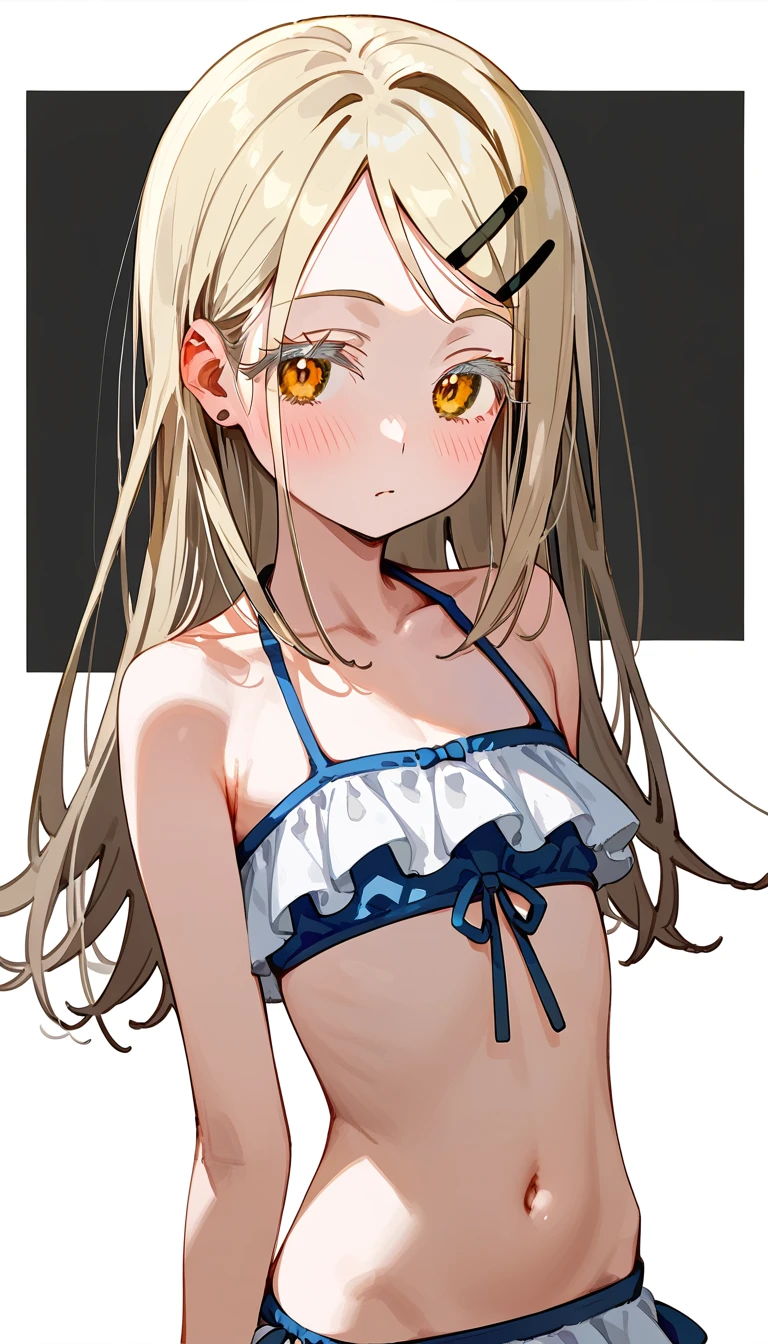 Highest quality, masterpiece, No correction, Beark,shinosawa hiro,thin,Orange eyes,White eyelashes,Blonde,Long Hair,Hair Clip,flat chest,white background,blush,orange color frilled bikini