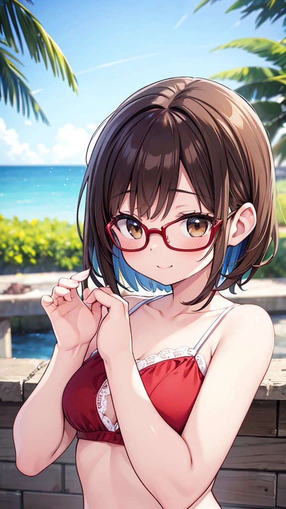 cute、Comical movement、nichijo style、smile、mischief、lure、Expectations、surprise、Shyness、Ocean、blue sky、Daytime、cute girl , Shooting from below, One Girl, Brown Hair、Very short hairstyle, Brown eyes、Red frame glasses、White Bikini,Highest quality, 4K, 8k, High resolution, masterpiece:1.2, Very detailed, Realistic, photoRealistic, photo-Realistic:1.37, High resolution, 超High resolution, Studio Lighting, Ultra-fine painting, Sharp focus, Physically Based Rendering, Very detailed explanation, Professional, Vibrant colors, bokeh