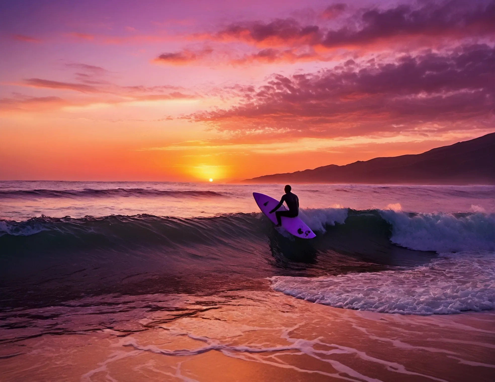 surfer sitting on a surfboard, waiting for the perfect wave, a breathtaking sunset paints the sky orange as a backdrop, pink, pu...