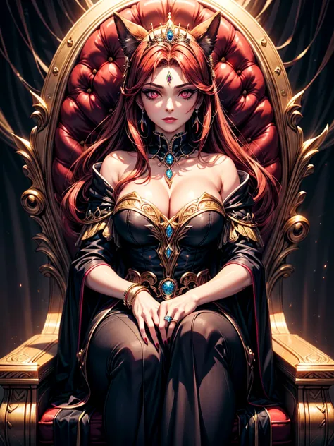 In the dark castle throne room on the huge royal throne in seductive pose siting beatiful demon queen, She have beautiful face w...