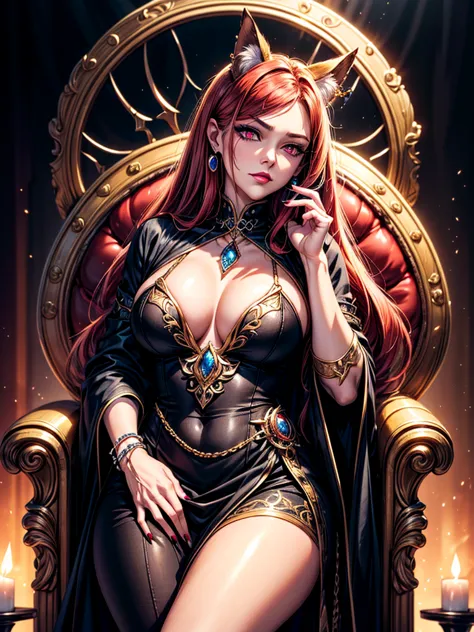 In the dark castle throne room on the huge royal throne in seductive pose siting beatiful demon queen, She have beautiful face w...