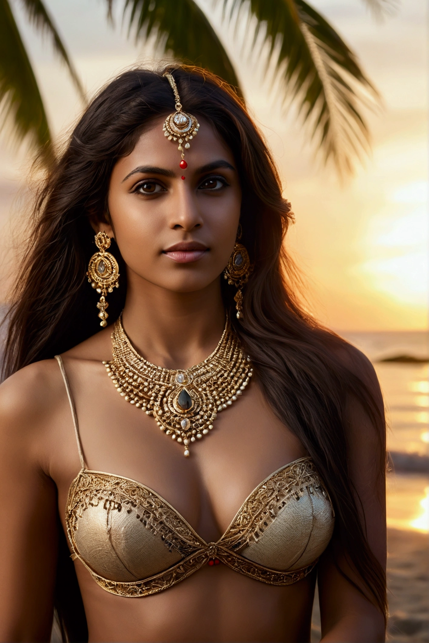 side  topless portrait of A confident-looking indian woman, in kamasutra cowgirl pose, princess with long flowing hair, hazel eyes, designer jewellery, visible c-cup breast, sitting on beach, coconut tree background, bokeh, sunset time, perfect composition, hyperrealistic, super detailed, 8k, high quality, trending art, trending on artstation, sharp focus,  photo shoot, intricate details, highly detailed, art by greg rutkowski