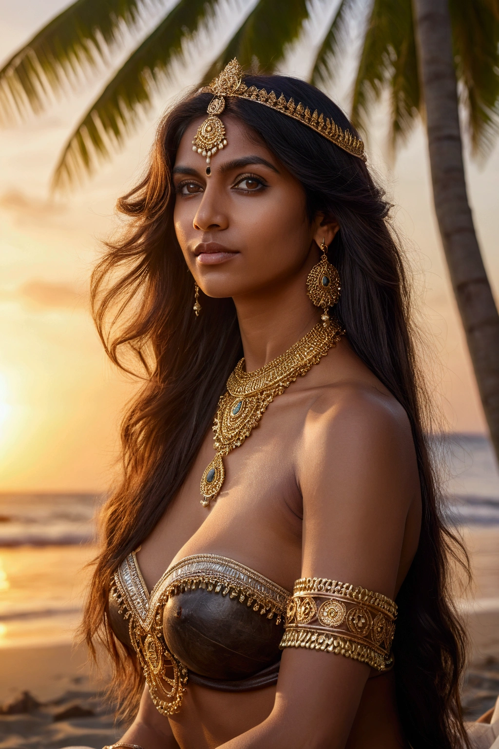 side  topless portrait of A confident-looking indian woman, in kamasutra cowgirl pose, princess with long flowing hair, hazel eyes, designer jewellery, visible c-cup breast, sitting on beach, coconut tree background, bokeh, sunset time, perfect composition, hyperrealistic, super detailed, 8k, high quality, trending art, trending on artstation, sharp focus,  photo shoot, intricate details, highly detailed, art by greg rutkowski